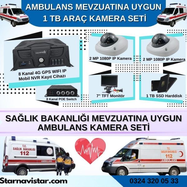 Ambulans Mevzuatına Uygun 2 Kameralı 8 Kanal Mobil NVR 1 TB 7 inç Monitörlü Tak Kullan Set