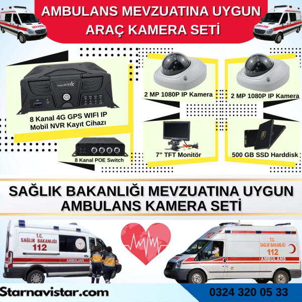 Ambulans Mevzuatına Uygun 2 Kameralı 8 Kanal Mobil NVR 500 GB 7 inç Monitörlü Tak Kullan Set