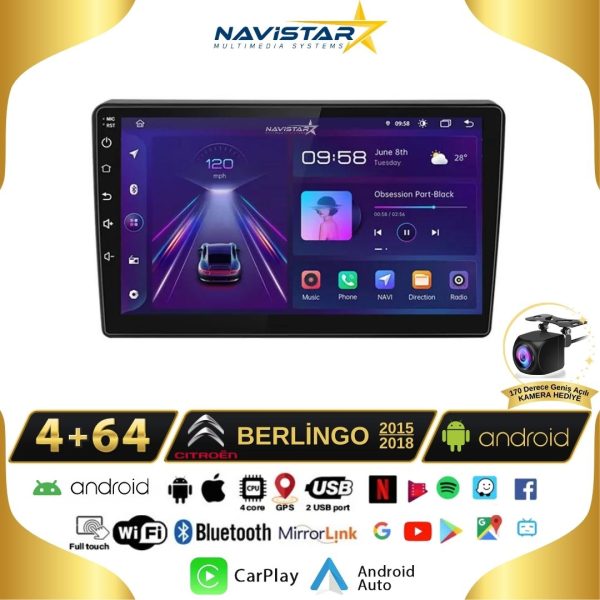 Citroen Berlingo 2015-2018 Model 4GB + 64GB Android 13 Kablosuz Carplay Navigasyon Multimedya Sistemi