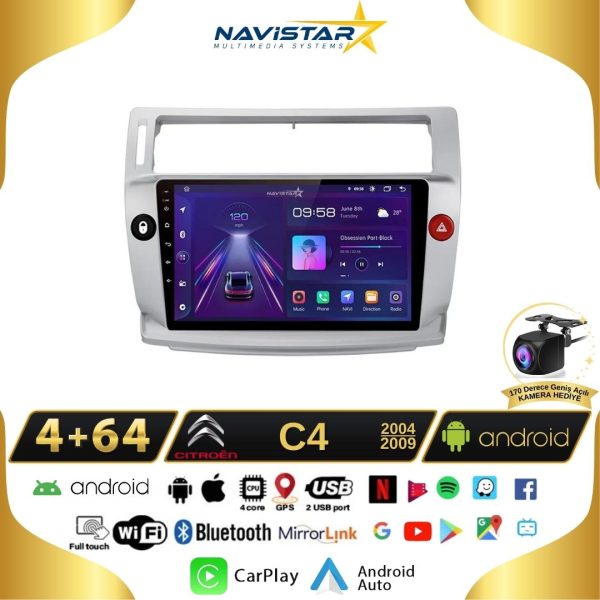 Citroen C4 2004-2009 Model 4GB + 64GB Android 13 Kablosuz Carplay Navigasyon Multimedya Sistemi