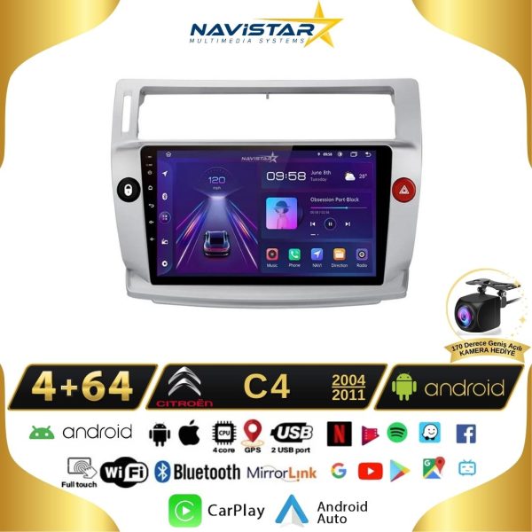Citroen C4 2004-2011 Model 4GB + 64GB Android 13 Kablosuz Carplay Navigasyon Multimedya Sistemi