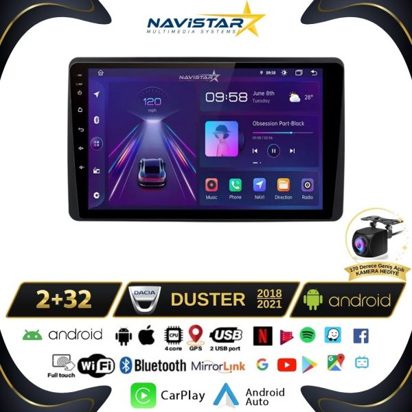 Dacia Duster 2018-2021 Model 2GB + 64GB Android 13 Kablosuz Carplay Navigasyon Multimedya Sistemi