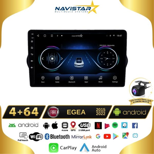 Fiat Egea 4GB + 64GB Kablosuz Carplay 2015-2022 Android 13 Navigasyon Multimedya Sistemi
