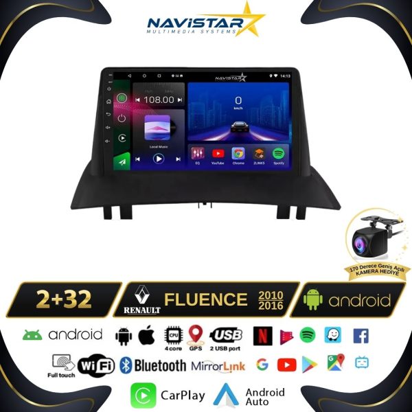 Fluence Kablosuz Carplay 2+64GB Android 13 Navigasyon Multimedya Sistemi