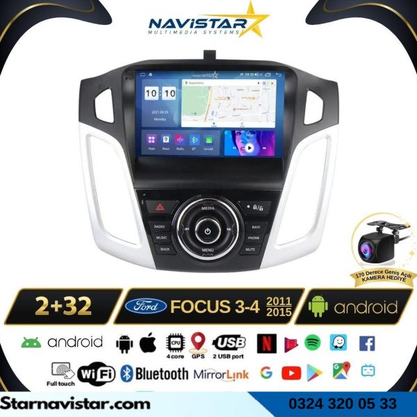 Ford Focus 34 2+64GB Kablosuz Carplay 2011-2015 Android 13 Navigasyon Multimedya Sistemi