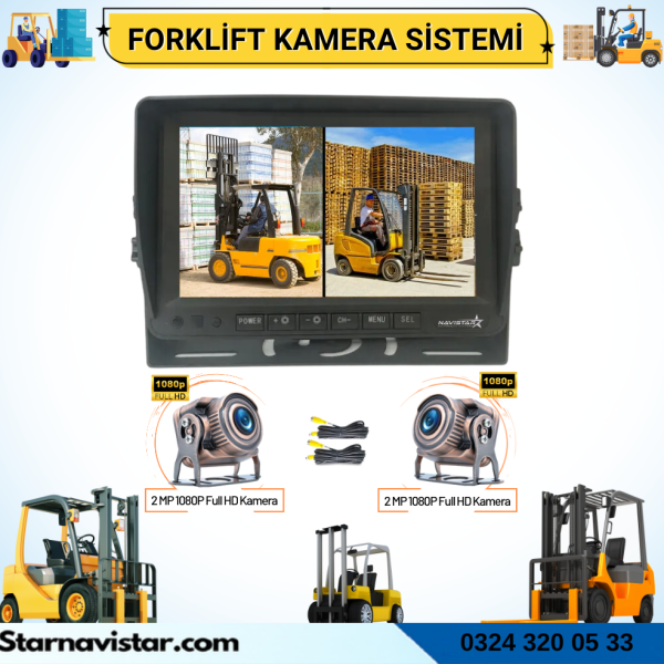 Forklift Kamera Sistemi Reach Truck 2 Kameralı 7 Inç Monitörlü Kayıtlı Kamera Seti