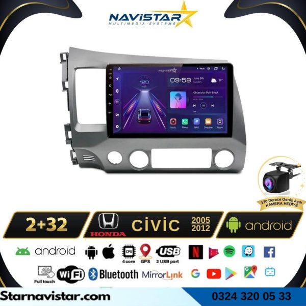 Honda Civic 2005-2012 Model 2GB + 64GB Android 13 Kablosuz Carplay Navigasyon Multimedya Sistemi