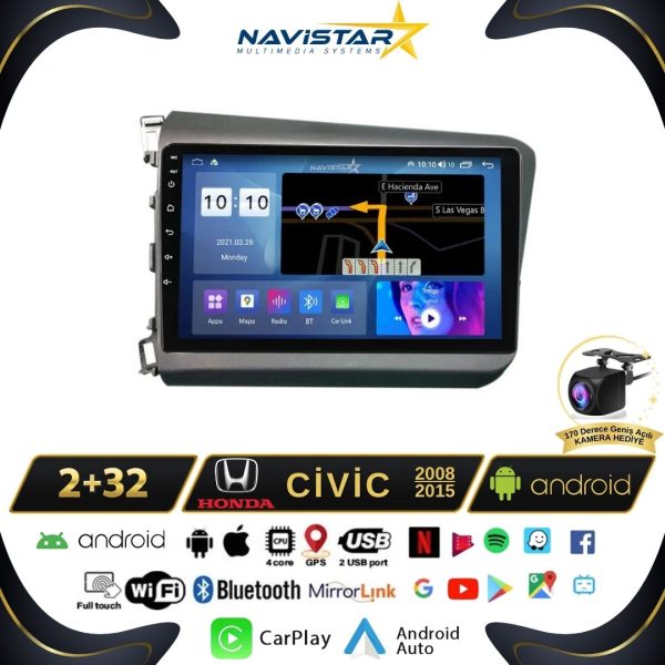 Honda Civic  2008-2015 Model 2GB + 64GB Android 13 Kablosuz Carplay Navigasyon Multimedya Sistemi
