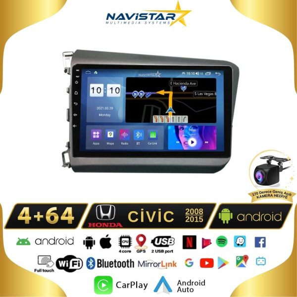 Honda Civic  2008-2015 Model 4GB + 64GB Android 13 Kablosuz Carplay Navigasyon Multimedya Sistemi