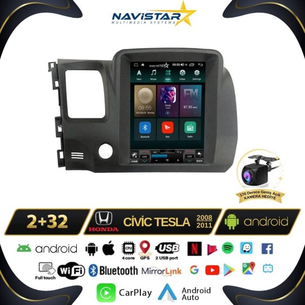Honda Civic Tesla 2008-2011 Model 2GB + 32GB Kablosuz Carplay Navigasyon Multimedya Sistemi