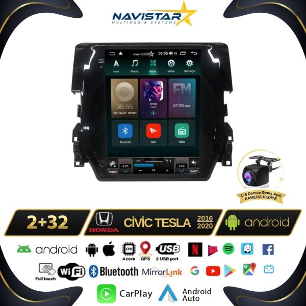 Honda Civic Tesla 2016-2020 Model 2GB + 32GB Kablosuz Carplay Navigasyon Multimedya Sistemi