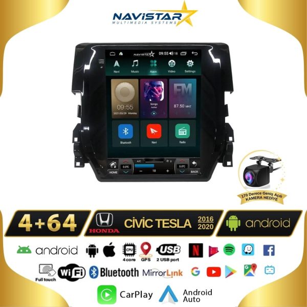 Honda Civic Tesla 4GB + 64GB 2016-2020 Model Kablosuz Carplay Navigasyon Qled Multimedya Sistemi