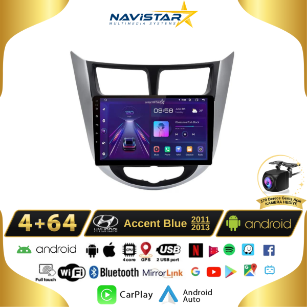 Hyundai Accent Blue 2011-2013 Model 4GB + 64GB Android 13 Kablosuz Carplay Navigasyon Multimedya Sistemi