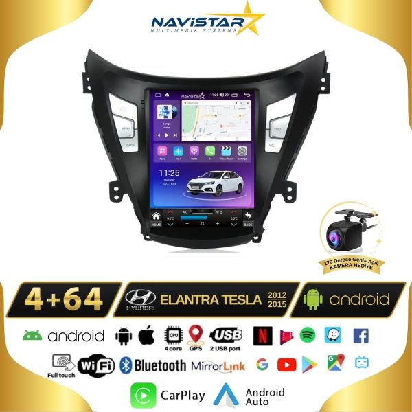 Hyundai Elantra Tesla 4GB + 64GB 2012-2015 Model Kablosuz Carplay Navigasyon Qled Multimedya Sistemi