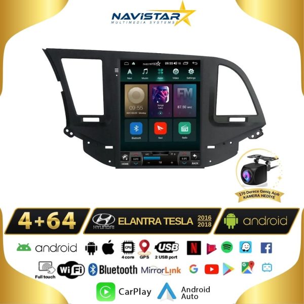 Hyundai Elantra Tesla 4GB + 64GB 2016-2018 Model Kablosuz Carplay Navigasyon Qled Multimedya Sistemi