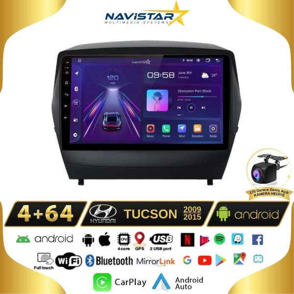 Hyundai Tucson 4GB + 64GB Kablosuz Carplay 2009-2015 Android 13 Navigasyon Multimedya Sistemi