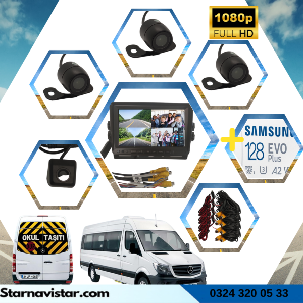 Kayıtlı Okul Ve Servis Araçları 4 Lü Kamera 7 inç Monitör Full Set + 128 Gb Sd Kart Dahil