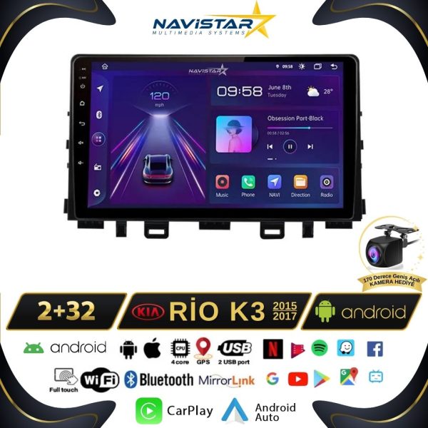 Kia Rio K3 2015-2017 Model 2+64GB Android 13 Kablosuz Carplay Navigasyon Multimedya Sistemi