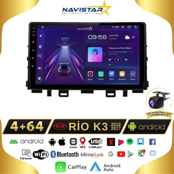 Kia Rio K3 2015-2017 Model 4+64 GB Android 13 Kablosuz Carplay Navigasyon Multimedya Sistemi