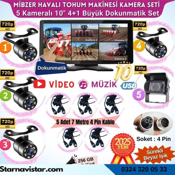 Mibzer için 4+1 Büyük Kameralı 10.36 inç Dokunmatik Monitör Beşe Bölen Kayıtlı 256 Gb Sd Kart Destekli