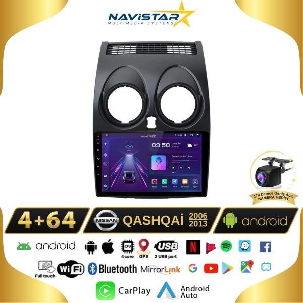 Nissan Qashqai Kablosuz Carplay 4GB + 64GB Android 13 2006-2013 Navigasyon Multimedya Sistemi