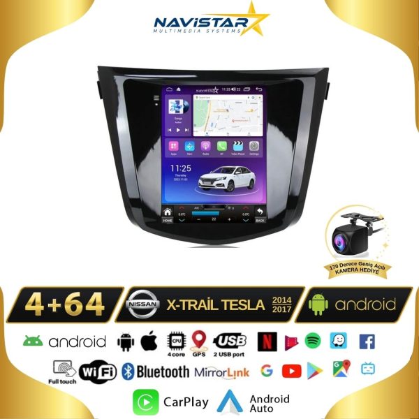 Nissan XTrail Tesla 4GB + 64GB 2014-2017 Model  Kablosuz Carplay Navigasyon Qled Multimedya Sistemi