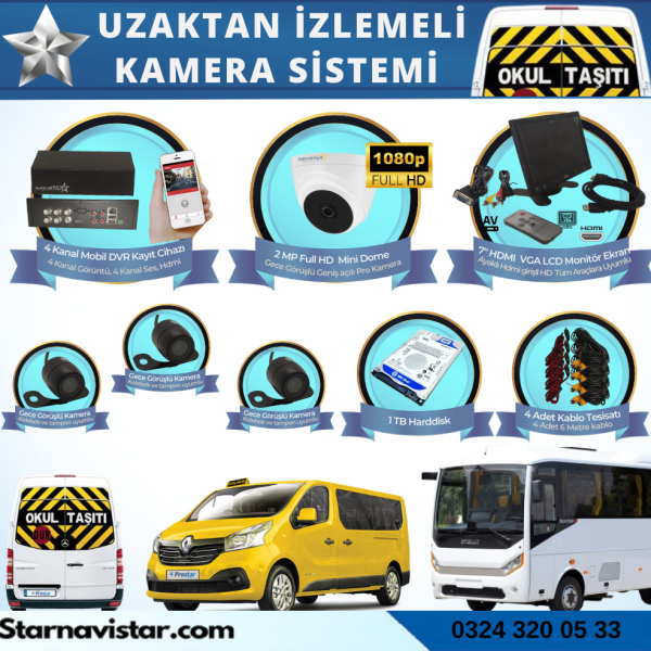 Okul Servis Kamera Sistemi Seti Uzaktan Izlemeli 4 Kameralı 7" Hdmi Monitör 1 Tb Harddisk Dahil