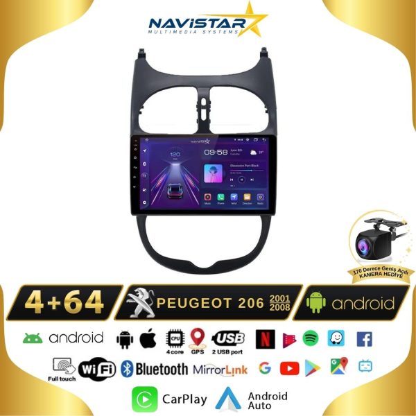 Peugeot 206  2001-2008 Model 4GB + 64GB Android 13 Kablosuz Carplay Navigasyon Multimedya Sistemi