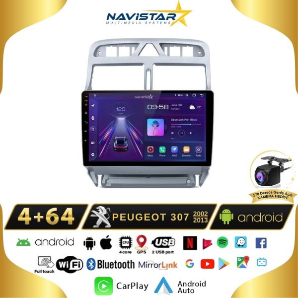Peugeot 307  2002-2013 Model 4GB + 64GB Android 13 Kablosuz Carplay Navigasyon Multimedya Sistemi