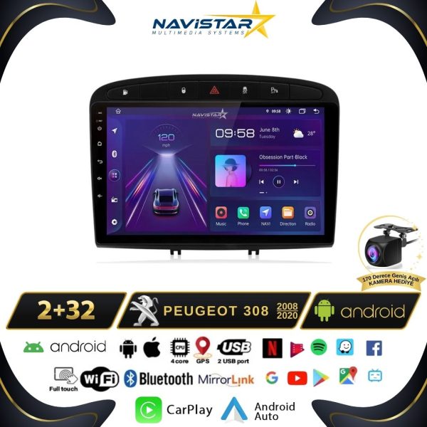 Peugeot 308 2008-2020 Model 2GB + 64GB Android 13 Kablosuz Carplay Navigasyon Multimedya Sistemi