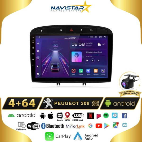Peugeot 308 2008-2020 Model 4GB + 64GB Android 13 Kablosuz Carplay Navigasyon Multimedya Sistemi
