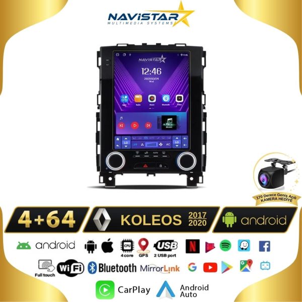 Renault Koleos Tesla 4GB + 64GB 2017-2020 Model Android 13 Qled Kablosuz Carplay Navigasyon Multimedya Sistemi