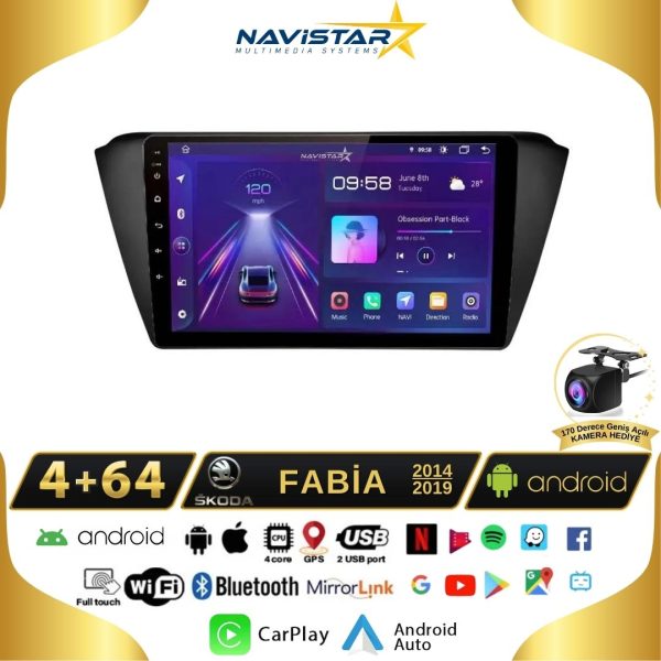 Skoda Fabia 2014-2019 Model 4+64 GB Android 13 Kablosuz Carplay Navigasyon Multimedya Sistemi