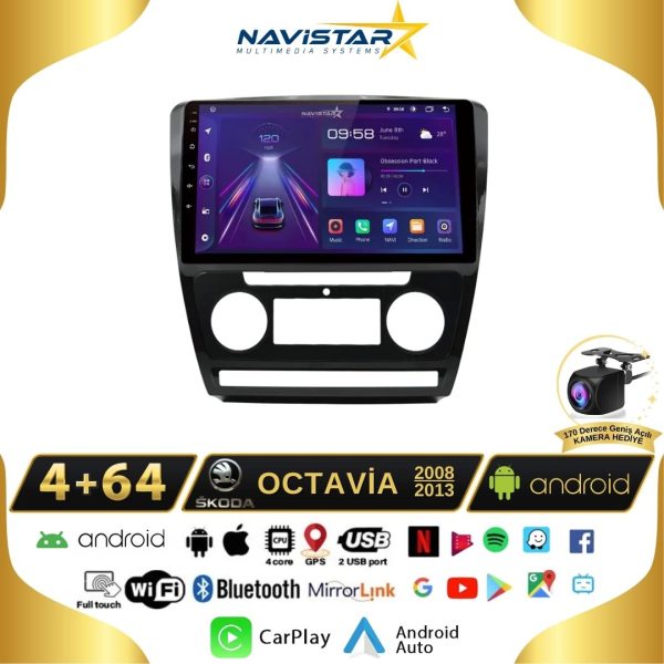 Skoda Octavia 2008-2013 Model 4GB + 64GB Android 13 Kablosuz Carplay Navigasyon Multimedya Sistemi