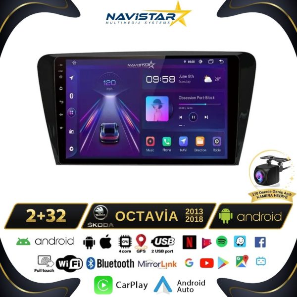 Skoda Octavia 2013-2018 Model 2+64GB Android 13 Kablosuz Carplay Navigasyon Multimedya Sistemi