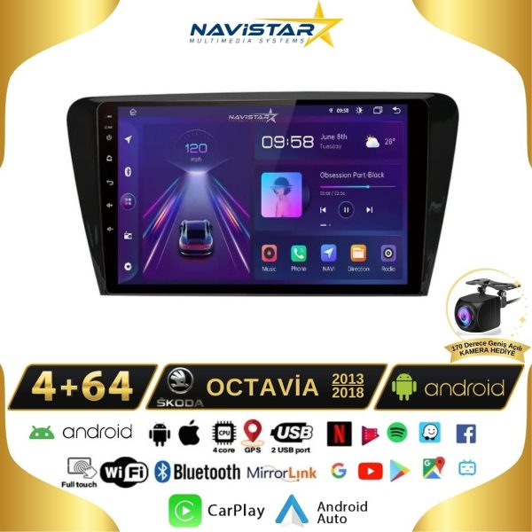 Skoda Octavia 2013-2018 Model 4GB + 64GB Android 13 Kablosuz Carplay Navigasyon Multimedya Sistemi