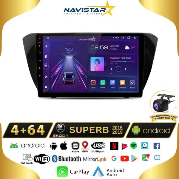Skoda Superb 2015-2019 Model 4GB + 64GB Android 13 Kablosuz Carplay Navigasyon Multimedya Sistemi