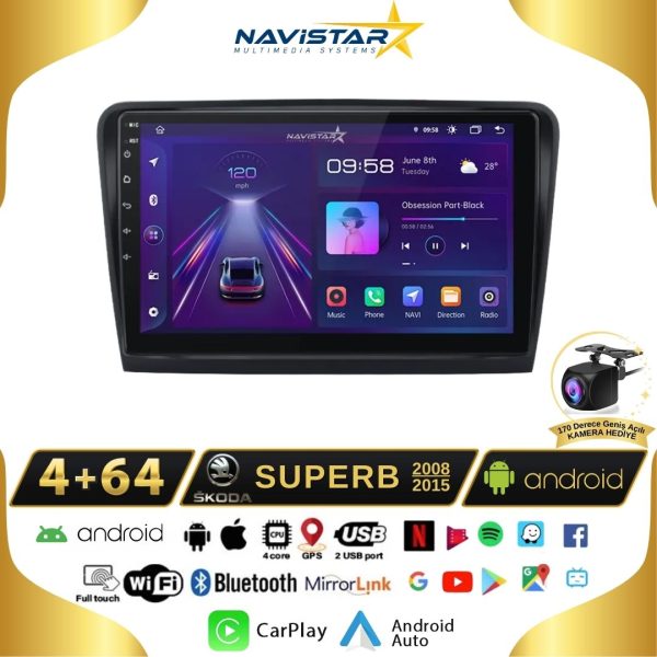 Skoda Superb 4GB + 64GB 2008-2015 Model Android 13 Kablosuz Carplay Navigasyon Multimedya Sistemi
