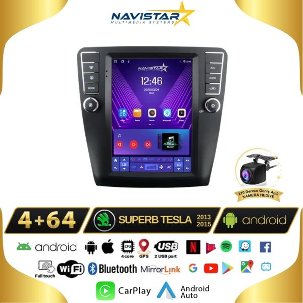 Skoda Superb Tesla 4GB + 64GB 2013-2019 Model  Kablosuz Carplay Navigasyon Qled Multimedya Sistemi