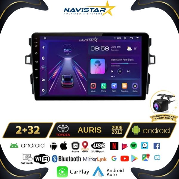 Toyota Auris 2006-2012 Model 2+64GB Android 13 Kablosuz Carplay Navigasyon Multimedya Sistemi