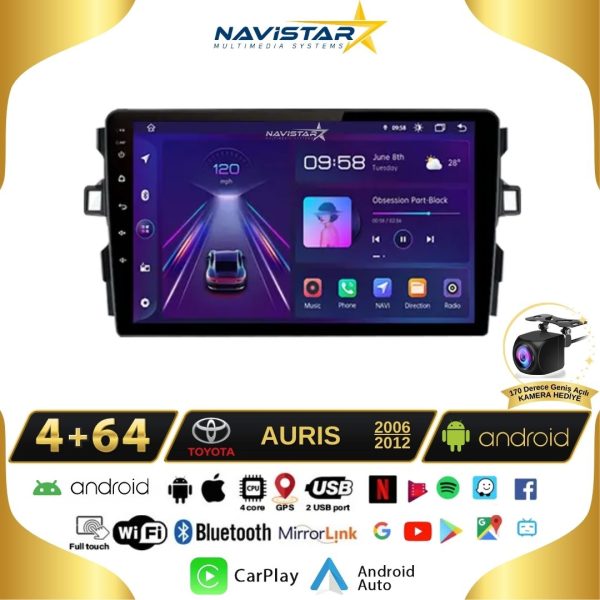 Toyota Auris 2006-2012 Model 4GB + 64GB Android 13 Kablosuz Carplay Navigasyon Multimedya Sistemi
