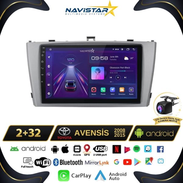 Toyota Avensis 2008-2015 Model 2+64GB Android 13 Kablosuz Carplay Navigasyon Multimedya Sistemi