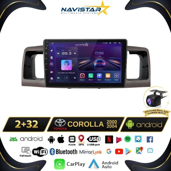 Toyota Corolla 2000-2004 Model 2+64GB Android 13 Kablosuz Carplay Navigasyon Multimedya Sistemi
