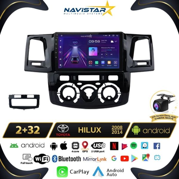 Toyota Hilux 2008-2014 Model 2+64GB Android 13 Kablosuz Carplay Navigasyon Multimedya Sistemi