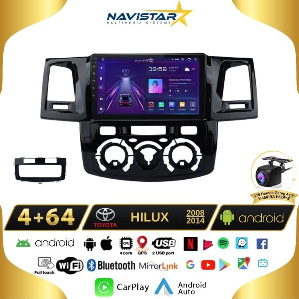 Toyota Hilux 2008-2014 Model 4GB + 64GB Android 13 Kablosuz Carplay Navigasyon Multimedya Sistemi