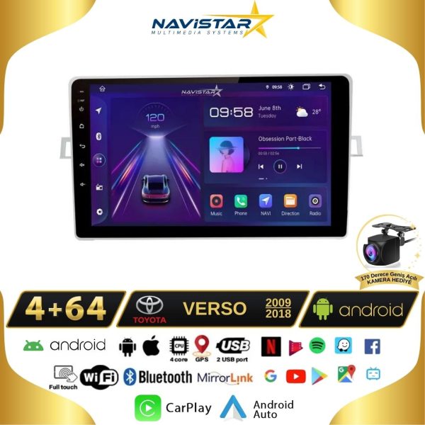 Toyota Verso 2009-2018 Model 4GB + 64GB Android 13 Kablosuz Carplay Navigasyon Multimedya Sistemi