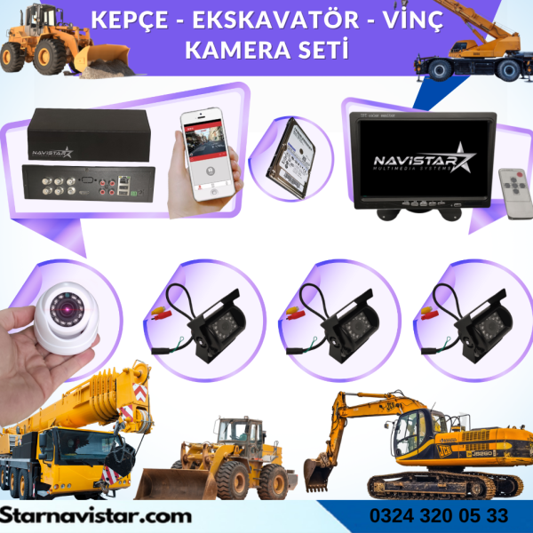 Uzaktan İzlemeli 4 Kameralı Ekskavatör Dozer Greyder Vinç Kepçe 1 Tb Harddisk Kamera Seti