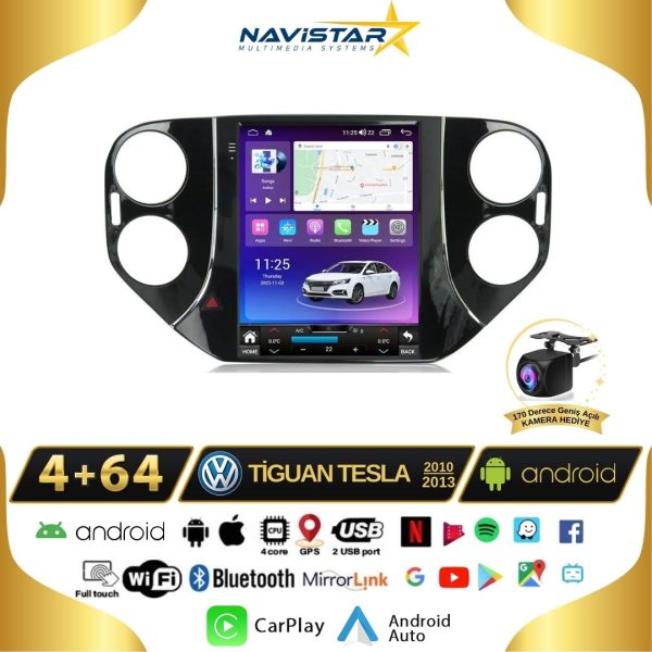 Volkswagen Tiguan Tesla 4GB + 64GB 2010-2013 Model Kablosuz Carplay Navigasyon Qled Multimedya Sistemi
