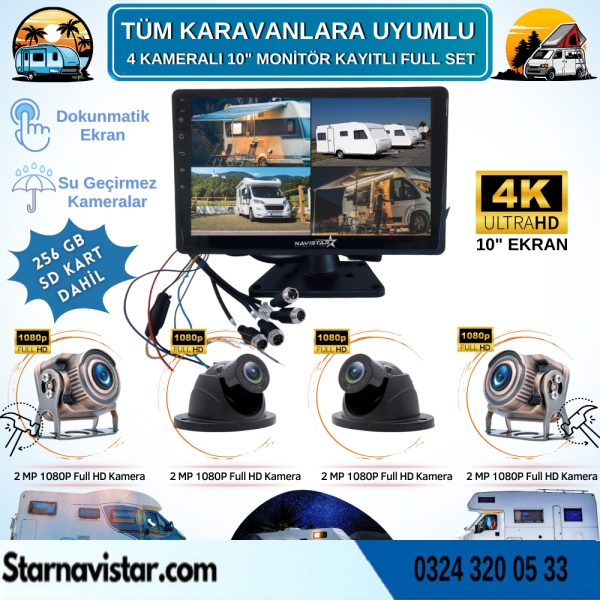 256 Gb Sd Dahil Karavan Kamera Seti 4 Kameralı 10 Inç Dokunmatik Ekranlı Tak Kullan