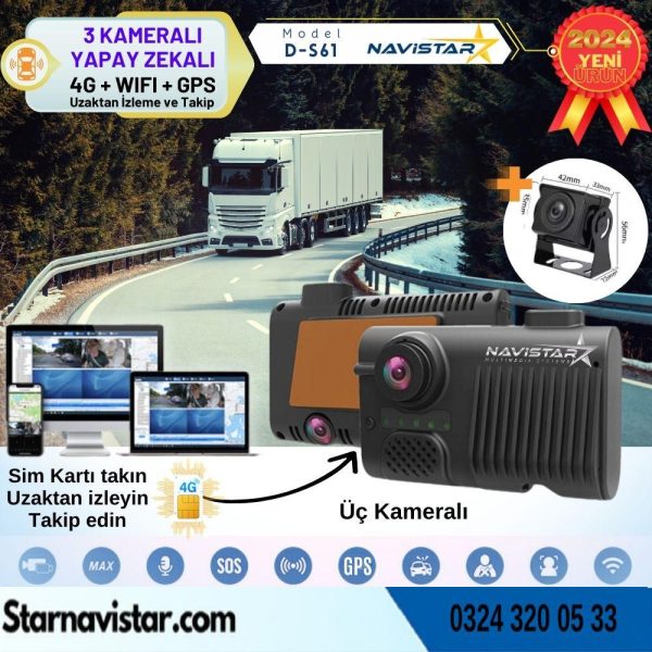 3 Kameralı 4G Uzaktan izlemeli GPS Wifi Yapay Zekalı Akıllı Dashcam Kamyon Tır Kamera Sistemi